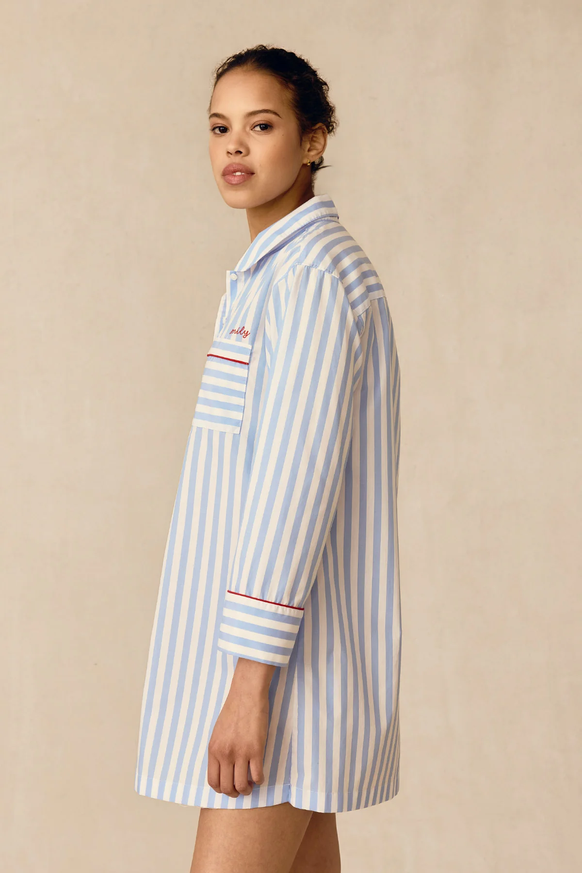 Poplin Piped Nightgown in Baltic Blue Beam Stripe - Image 3