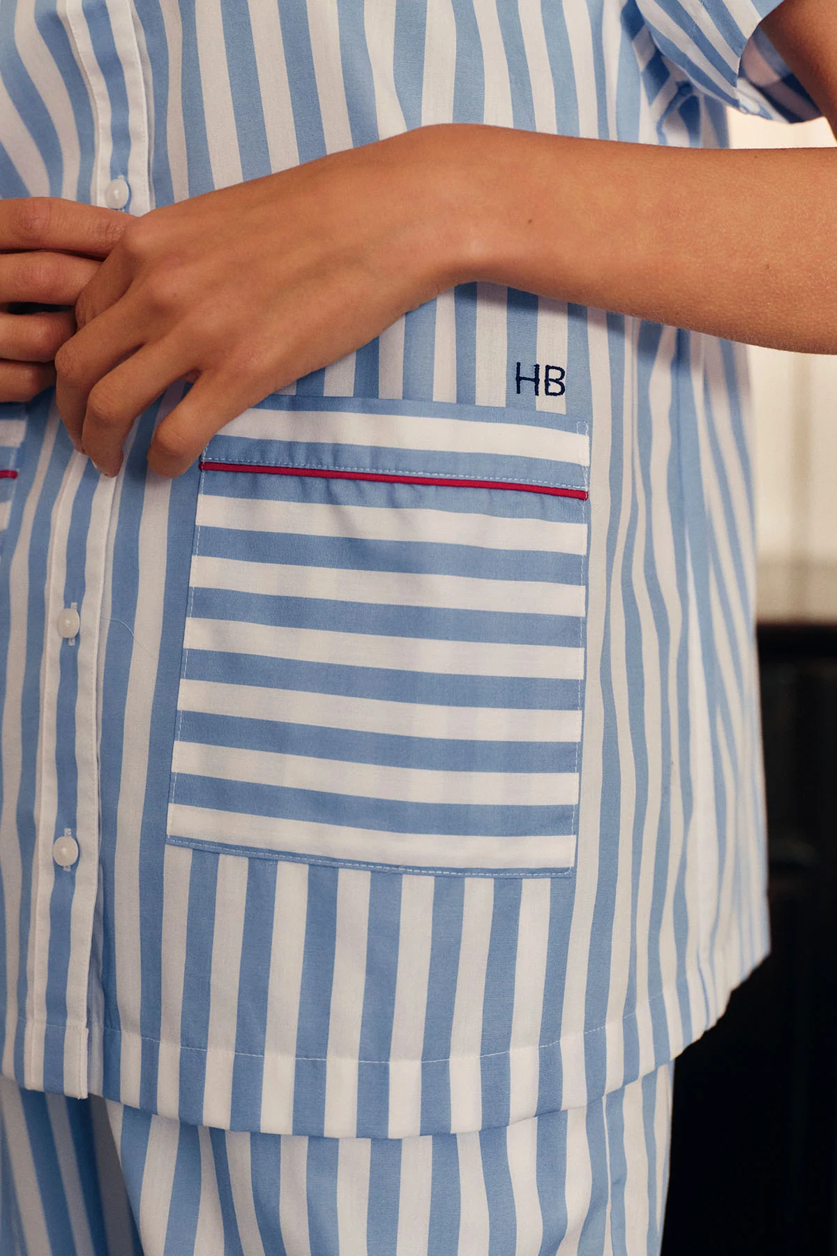 Poplin Piped Short-Long Set in Baltic Blue Beam Stripe - Image 3