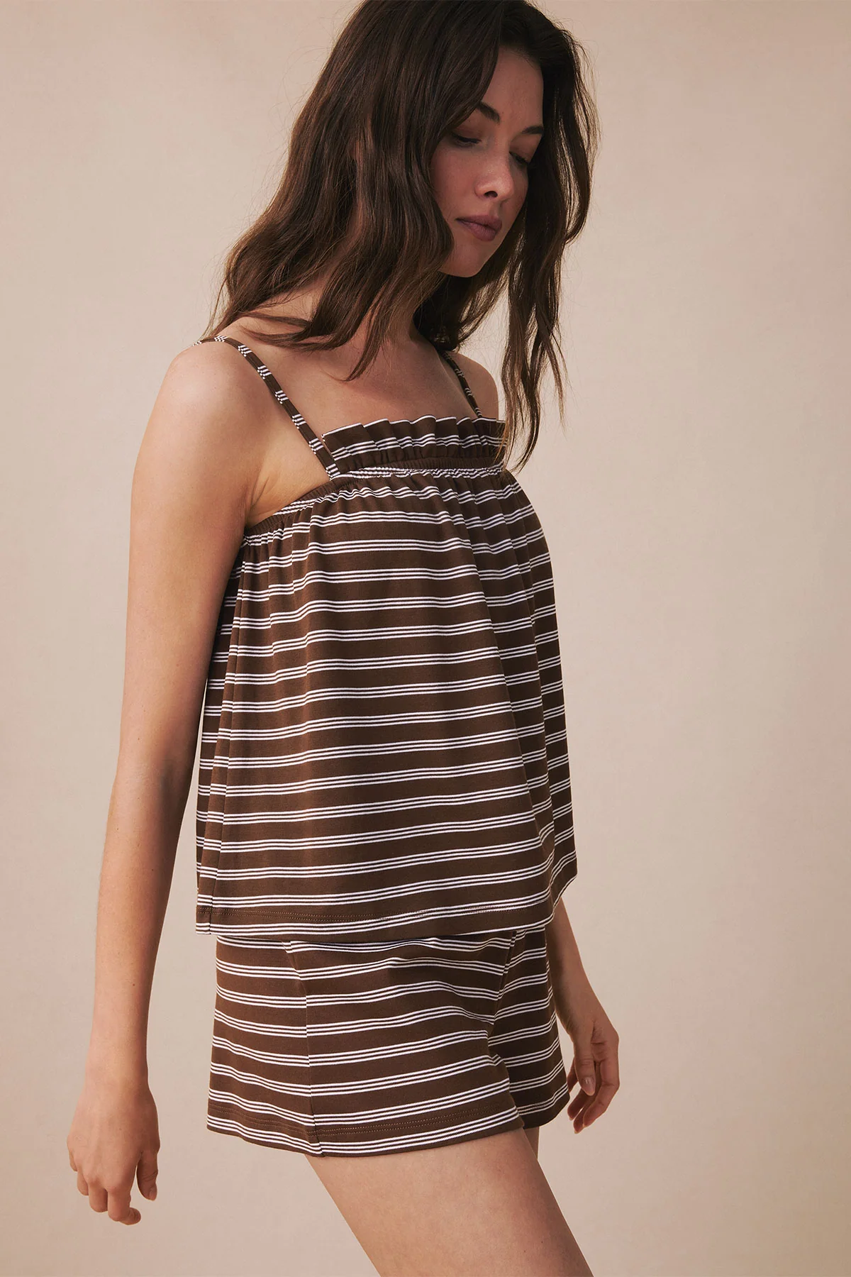 Pima Ruffle Shorts Set in Cocoa Triple Stripe - Image 2
