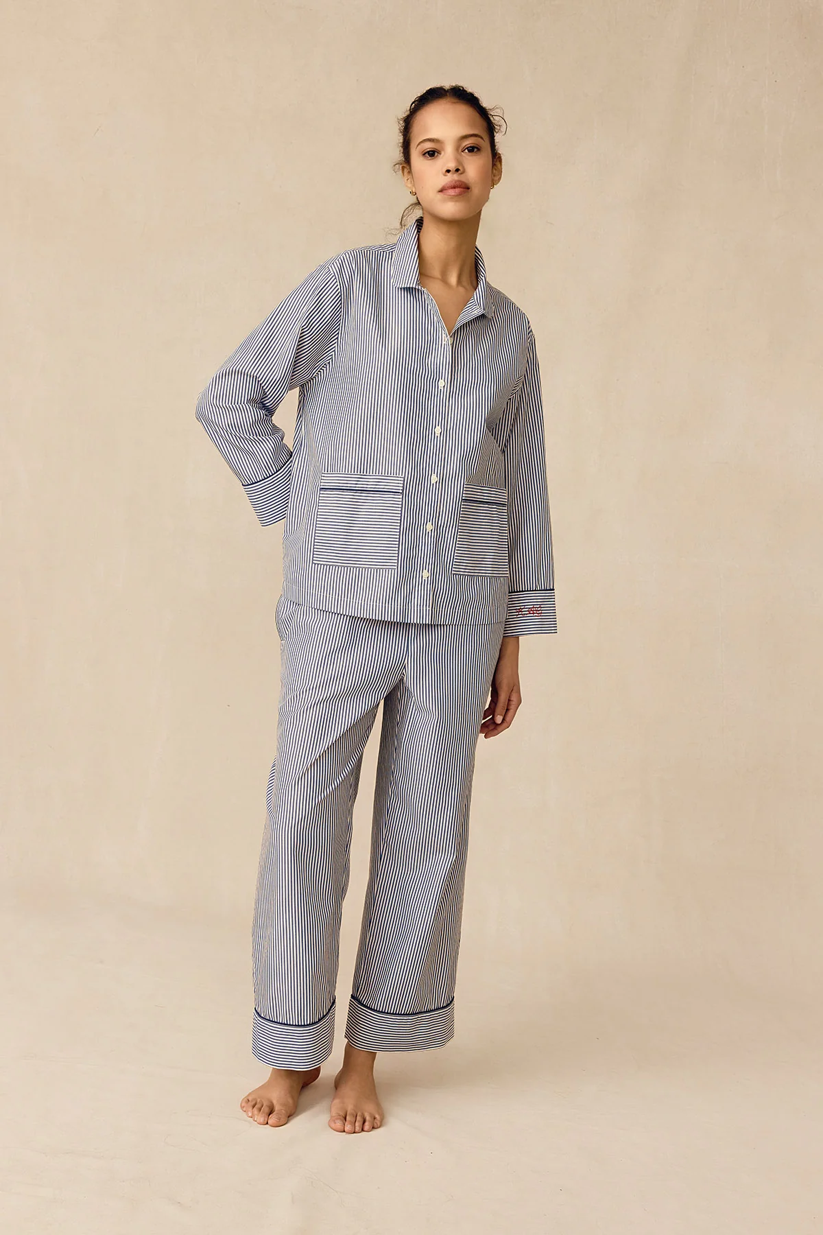 Poplin Piped Long-Long Set in English Navy Riviera Stripe - Image 4