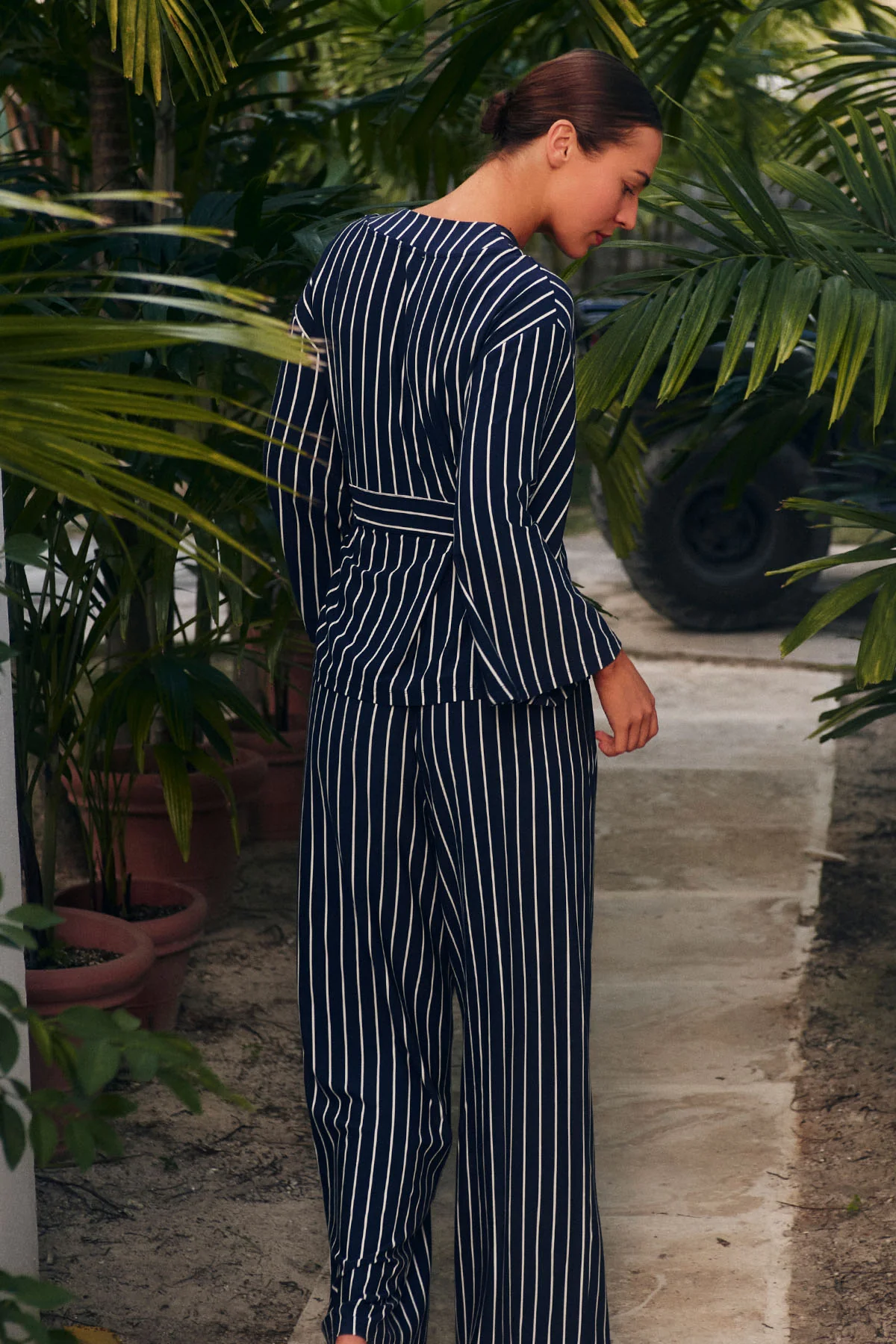 DreamModal® Kimono Pajama Set in English Navy Vertical Stripe - Image 2