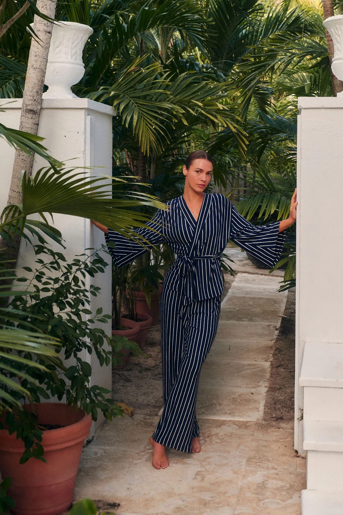 DreamModal® Kimono Pajama Set in English Navy Vertical Stripe - Image 4
