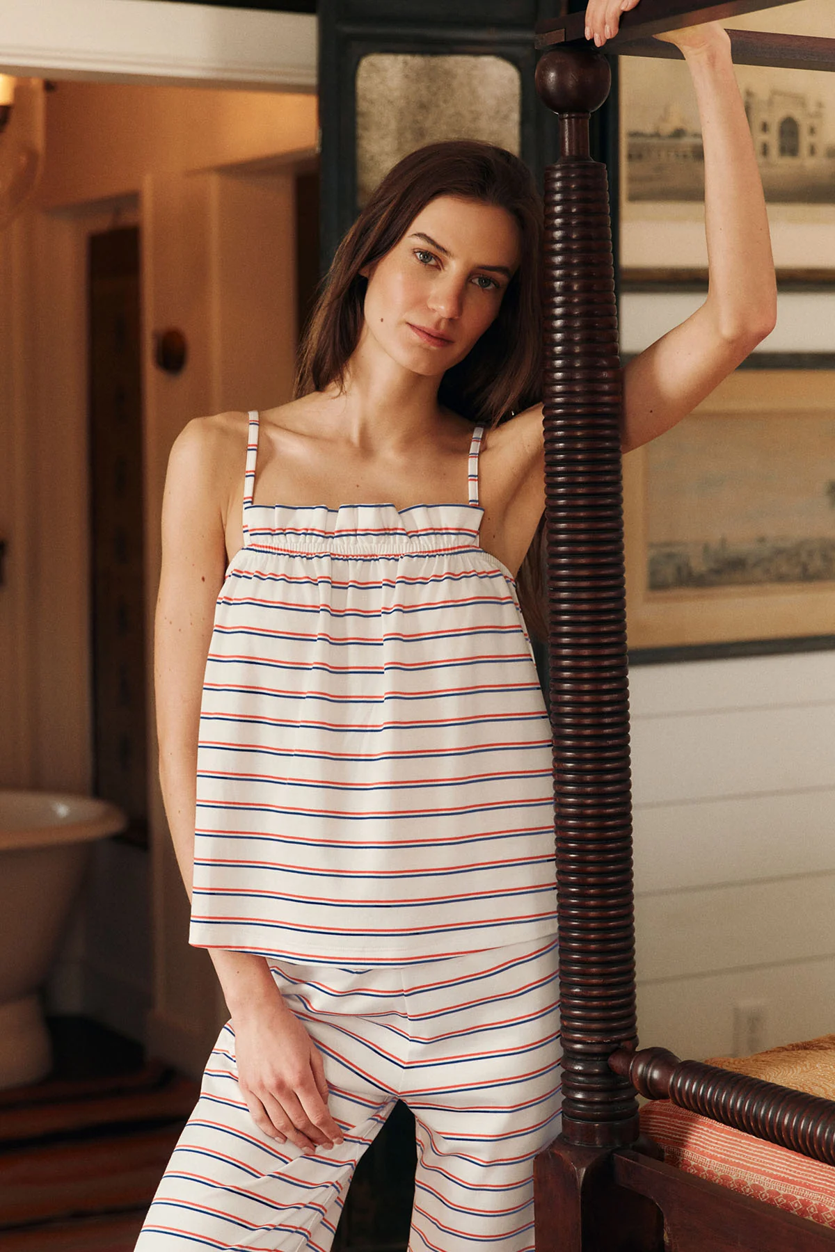 Pima Ruffle Pants Set in Lapis Bicolor Tidal Stripe - Image 3