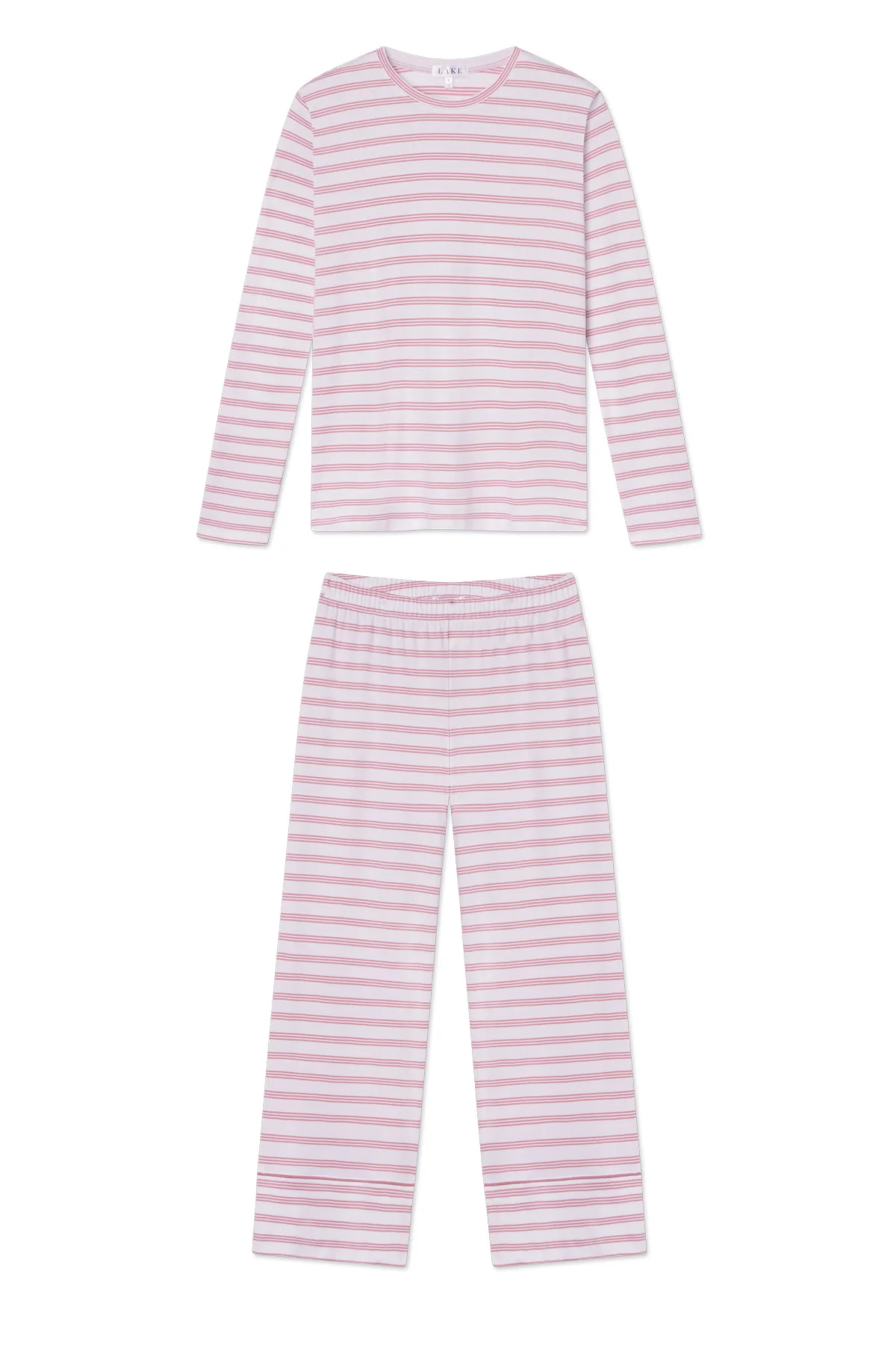 Pima Crew Long Sleeve Wide Leg Pajama Set in Light Camellia Triple Stripe