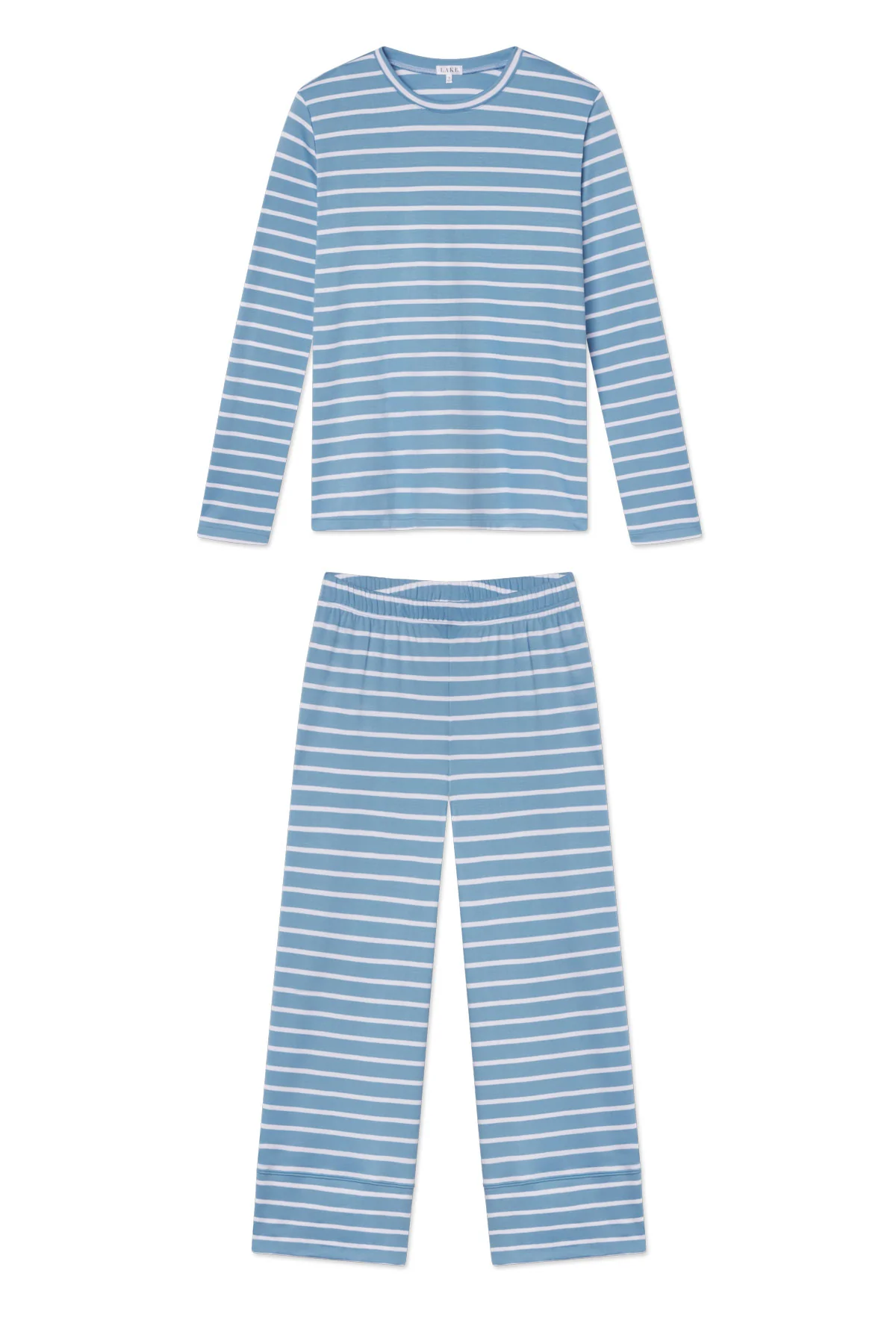 Pima Crew Long Sleeve Wide Leg Pajama Set in Serene Blue Anchor Stripe