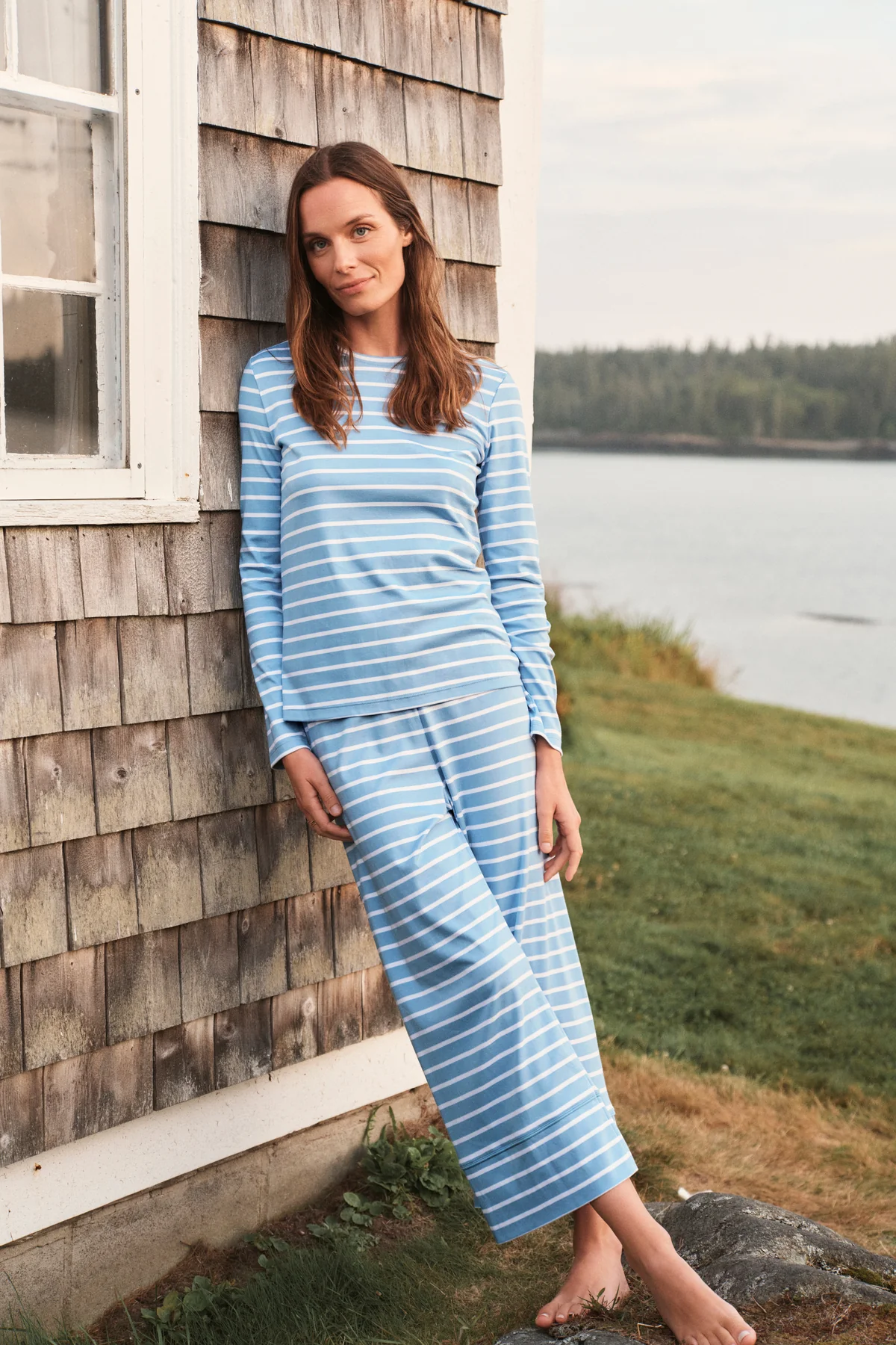 Pima Crew Long Sleeve Wide Leg Pajama Set in Serene Blue Anchor Stripe - Image 2