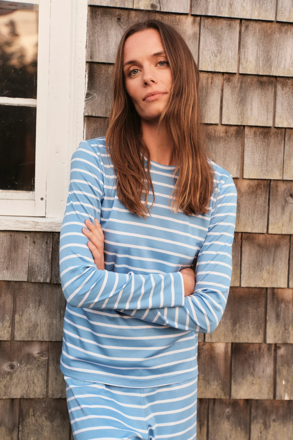 Pima Crew Long Sleeve Wide Leg Pajama Set in Serene Blue Anchor Stripe - Image 3